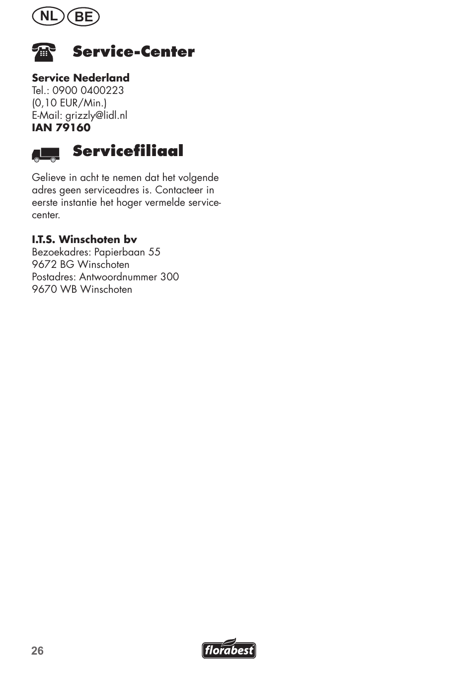Service-center, Servicefiliaal, Nl be | Florabest FGH 710 A1 User Manual | Page 26 / 52