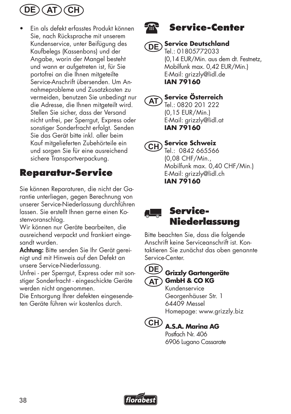 Reparatur-service, Service-center, Service- niederlassung | Ch at de, De at at ch ch | Florabest FGH 710 A1 User Manual | Page 38 / 52