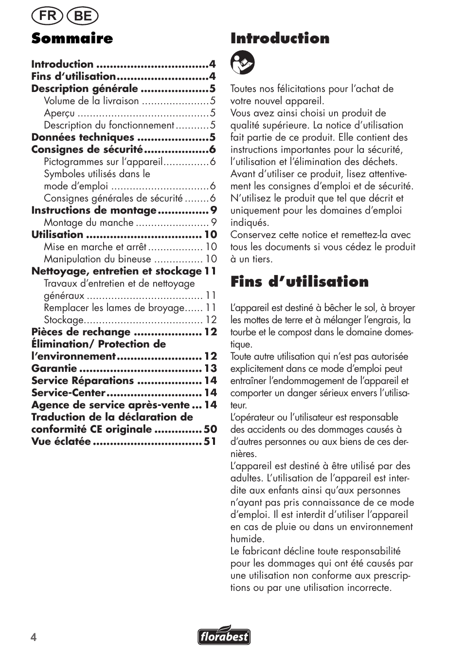 Introduction, Fins d’utilisation, Sommaire | Be fr | Florabest FGH 710 A1 User Manual | Page 4 / 52