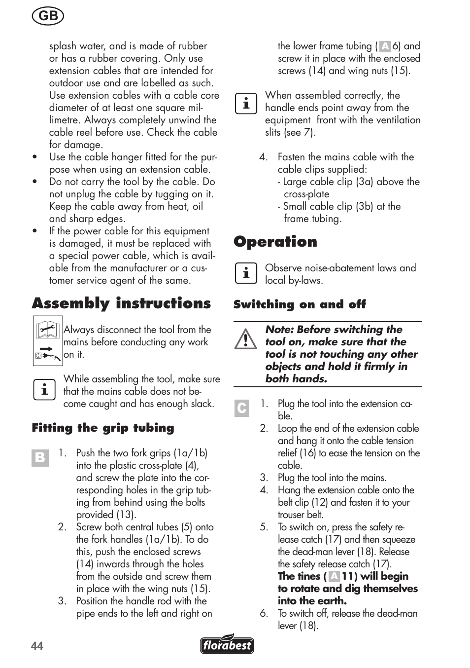 Assembly instructions, Operation | Florabest FGH 710 A1 User Manual | Page 44 / 52