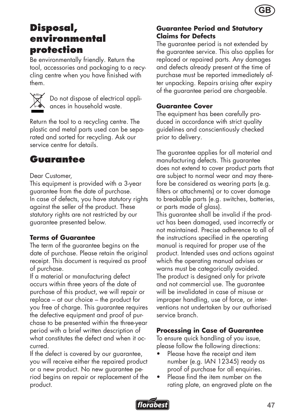 Disposal, environmental protection, Guarantee | Florabest FGH 710 A1 User Manual | Page 47 / 52