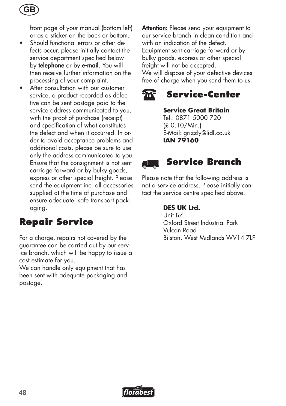 Repair service, Service-center, Service branch | Florabest FGH 710 A1 User Manual | Page 48 / 52