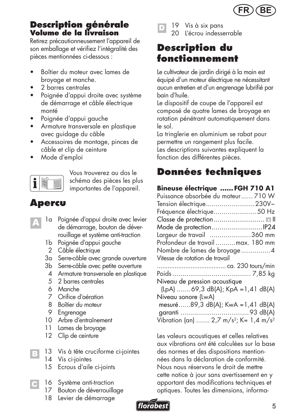 Apercu a, Description du fonctionnement, Données techniques | Be fr description g, Rale | Florabest FGH 710 A1 User Manual | Page 5 / 52