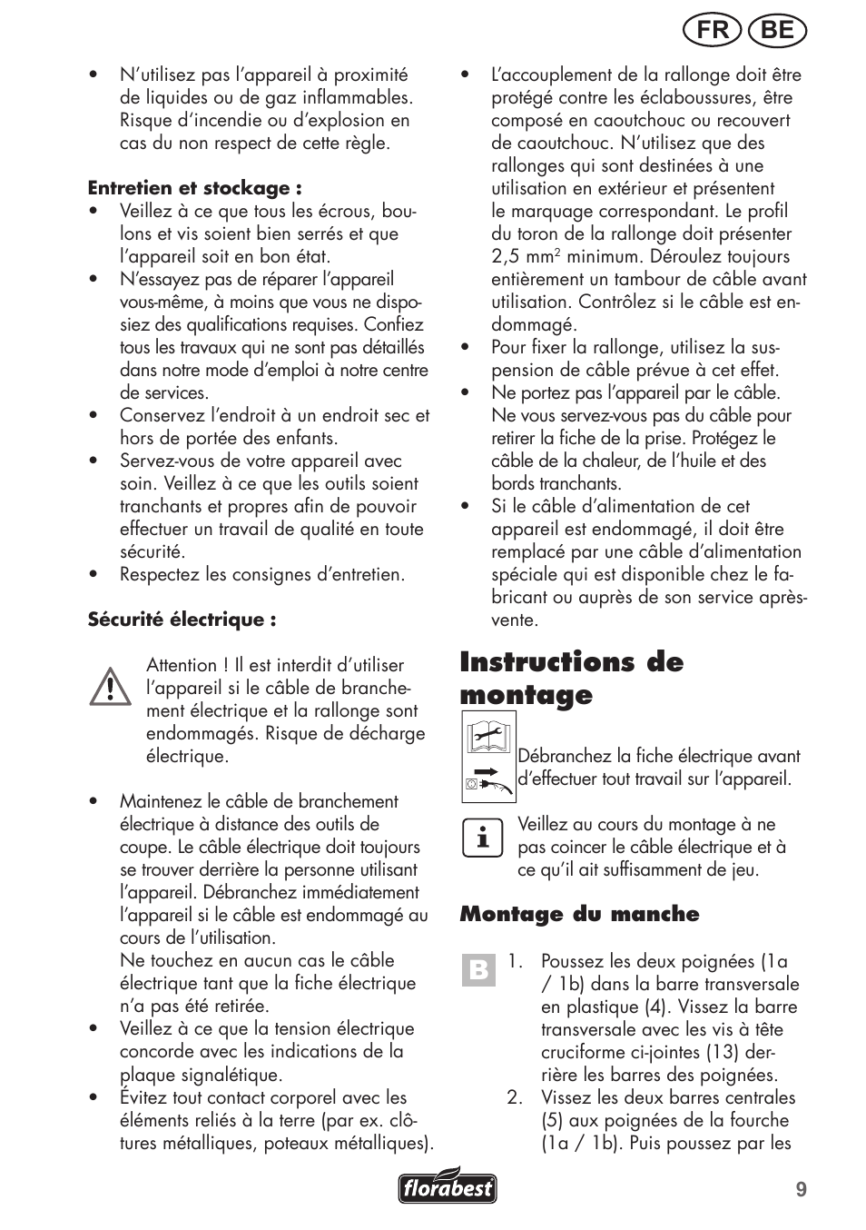 Instructions de montage, Be fr | Florabest FGH 710 A1 User Manual | Page 9 / 52