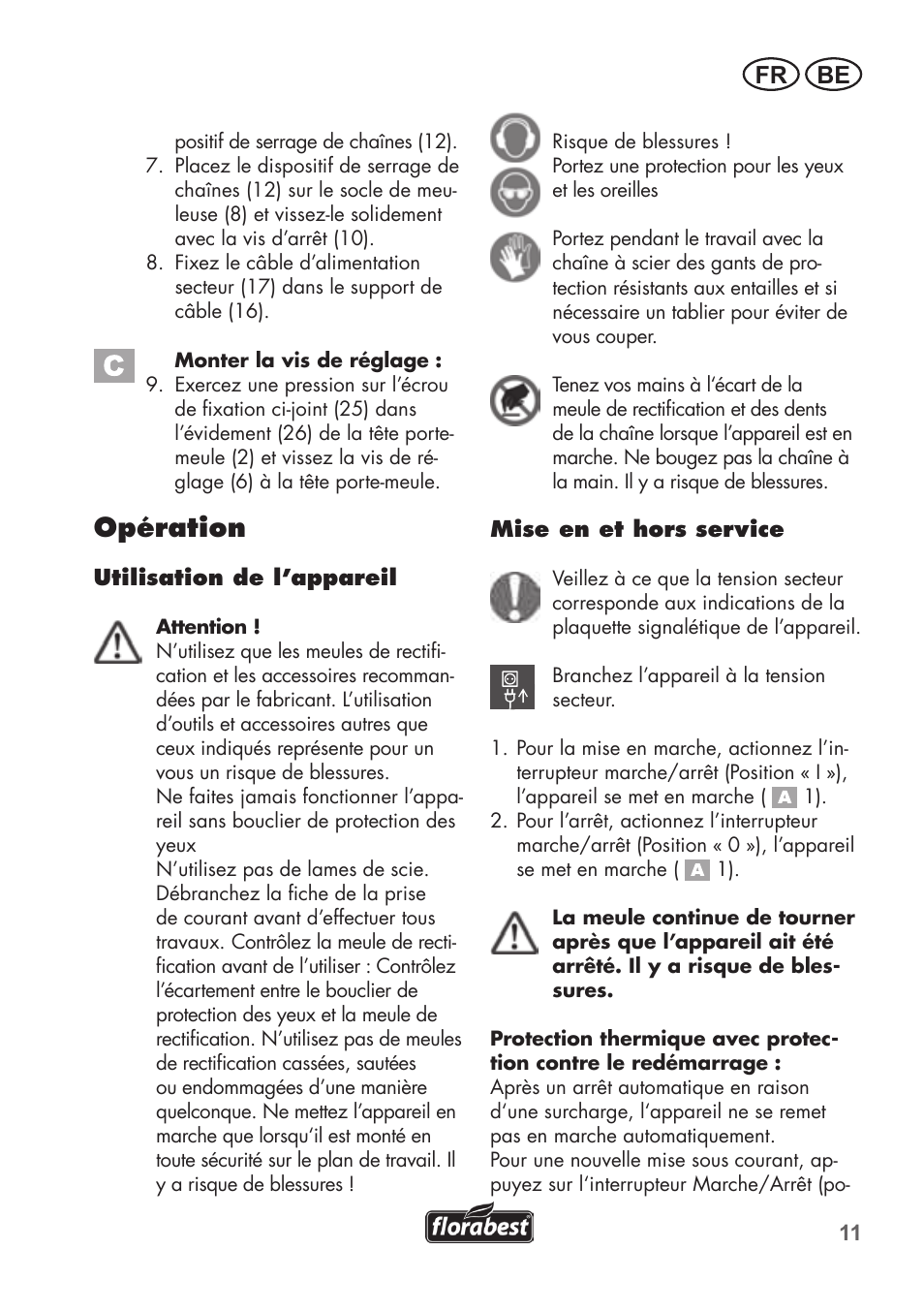 Opération, Fr be | Florabest FSG 85 B1 User Manual | Page 11 / 64
