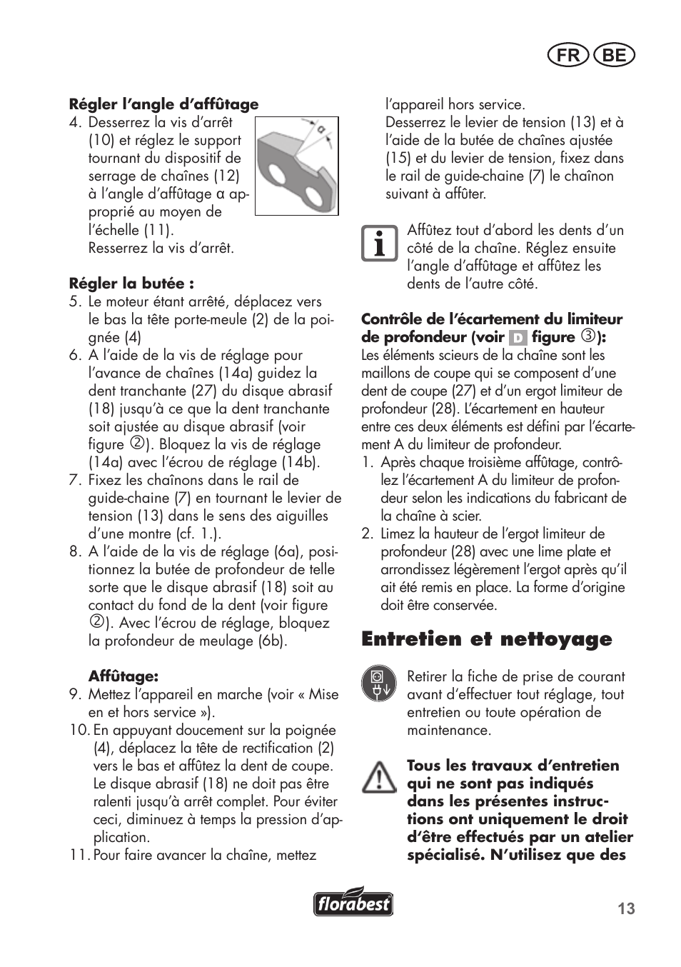 Entretien et nettoyage, Fr be | Florabest FSG 85 B1 User Manual | Page 13 / 64