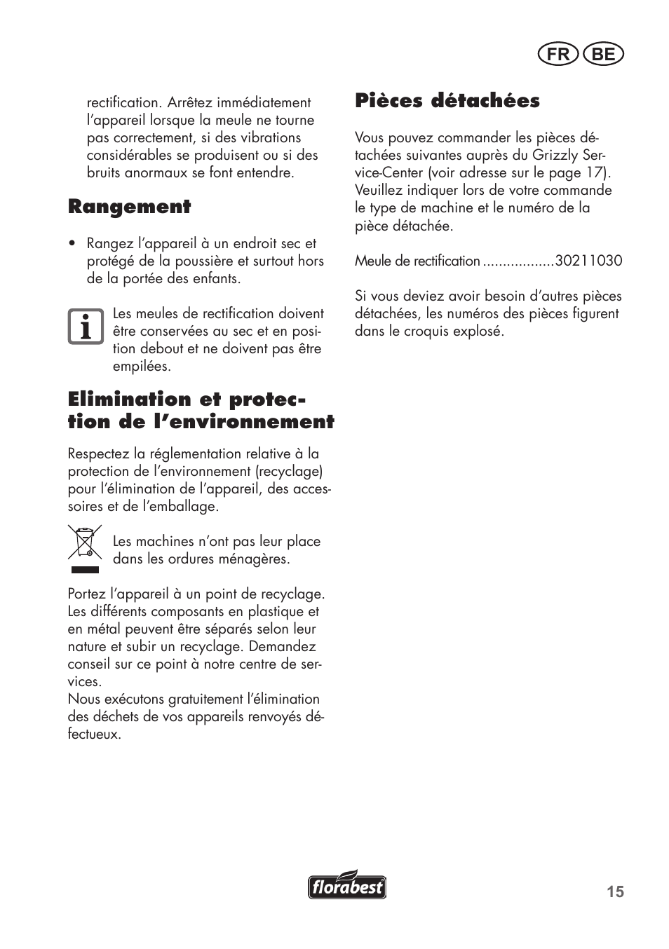 Rangement, Elimination et protec- tion de l’environnement, Pièces détachées | Fr be | Florabest FSG 85 B1 User Manual | Page 15 / 64