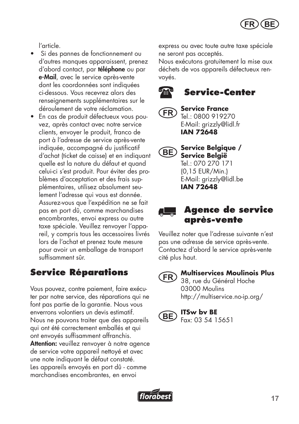 Service réparations, Service-center, Agence de service après-vente | Fr be, Fr be be | Florabest FSG 85 B1 User Manual | Page 17 / 64