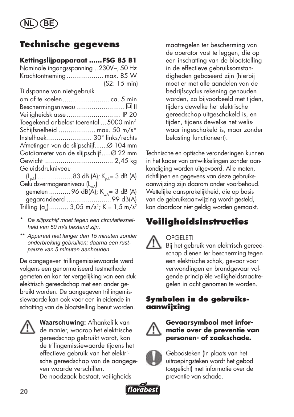 Technische gegevens, Veiligheidsinstructies | Florabest FSG 85 B1 User Manual | Page 20 / 64