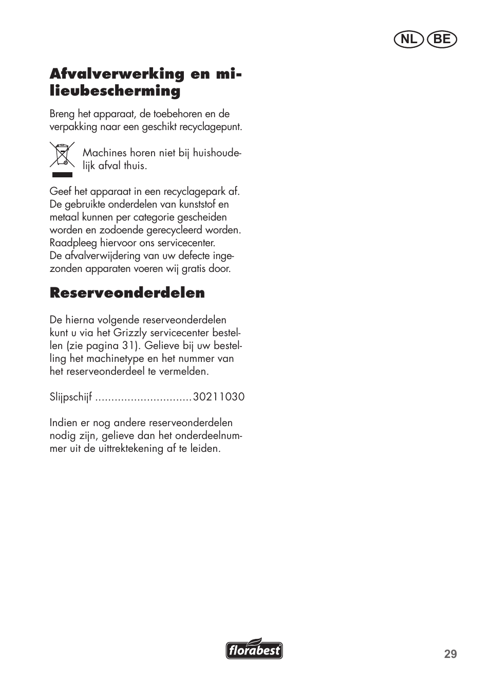 Afvalverwerking en mi- lieubescherming, Reserveonderdelen | Florabest FSG 85 B1 User Manual | Page 29 / 64