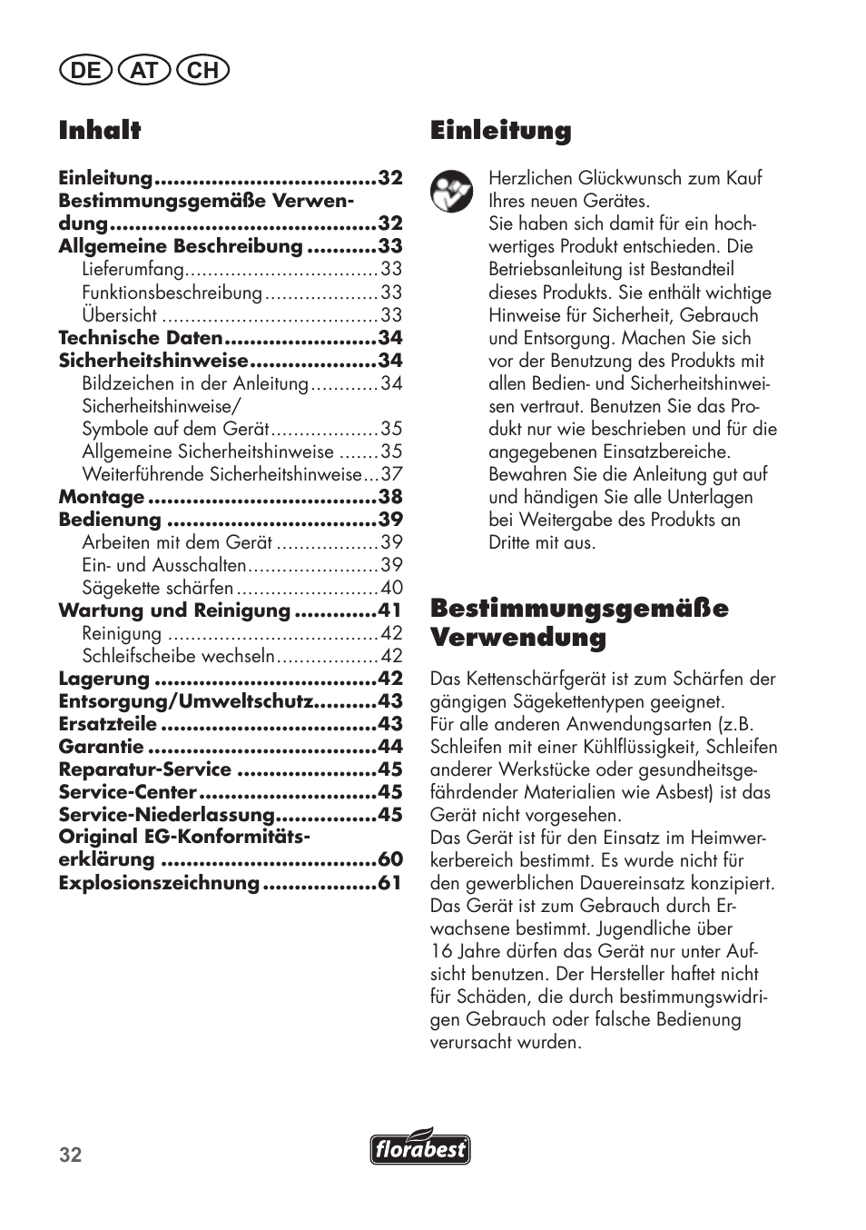 Einleitung, Bestimmungsgemäße verwendung, Inhalt | De at ch | Florabest FSG 85 B1 User Manual | Page 32 / 64