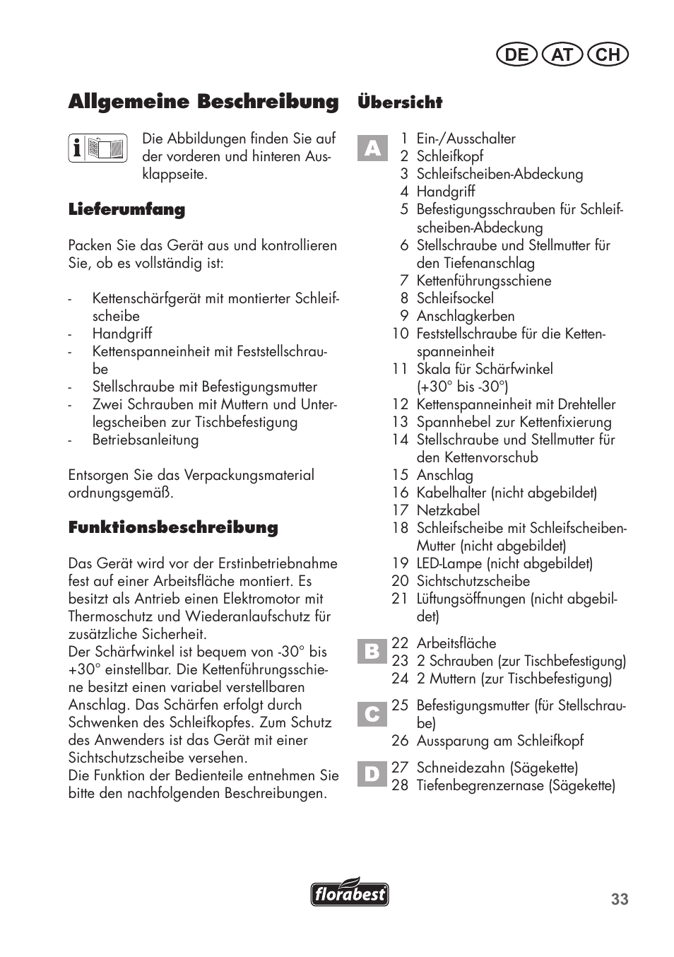 Allgemeine beschreibung, De at ch | Florabest FSG 85 B1 User Manual | Page 33 / 64