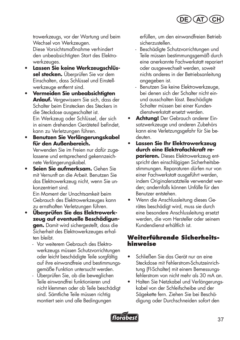 De at ch | Florabest FSG 85 B1 User Manual | Page 37 / 64