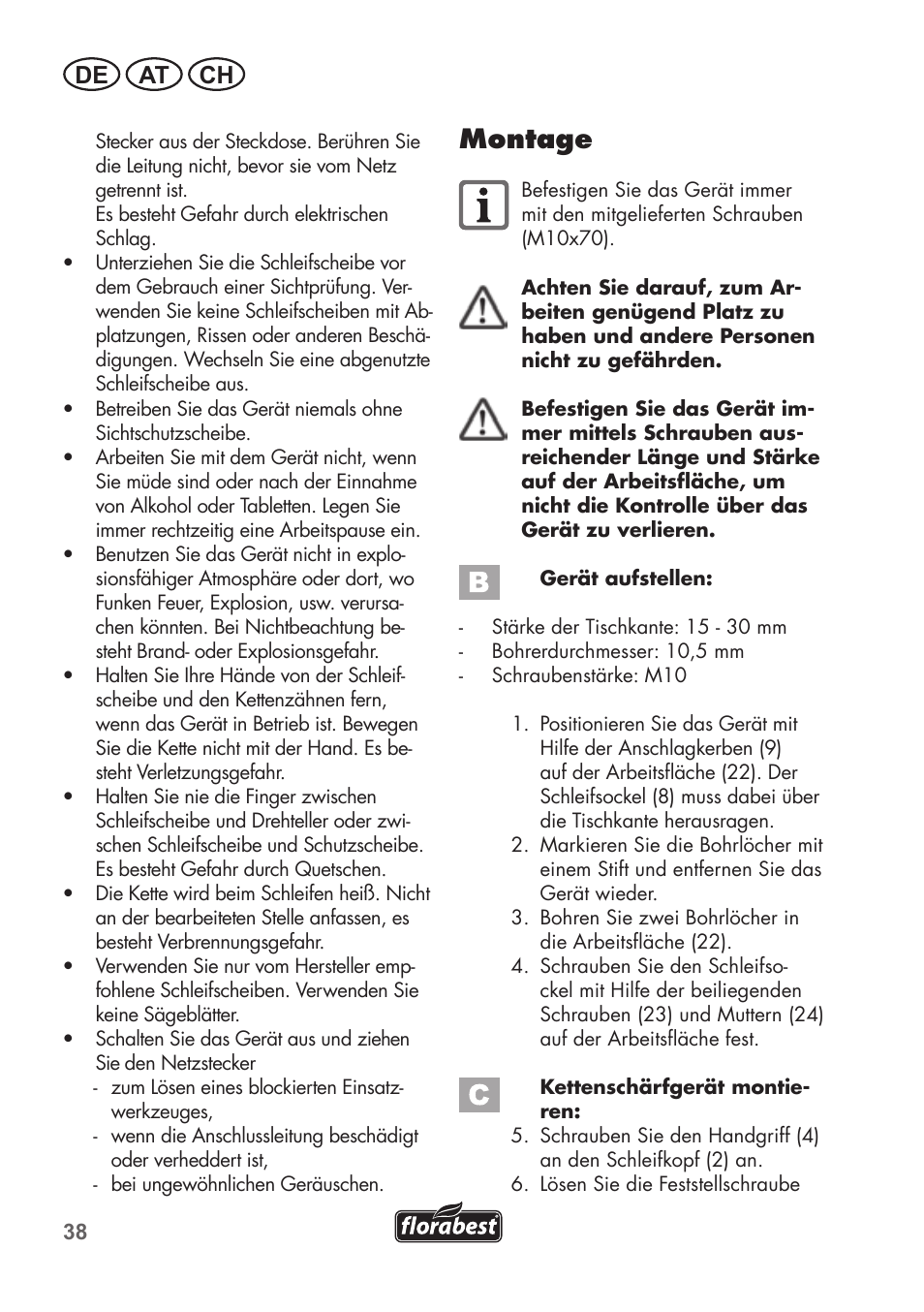 Montage, De at ch | Florabest FSG 85 B1 User Manual | Page 38 / 64