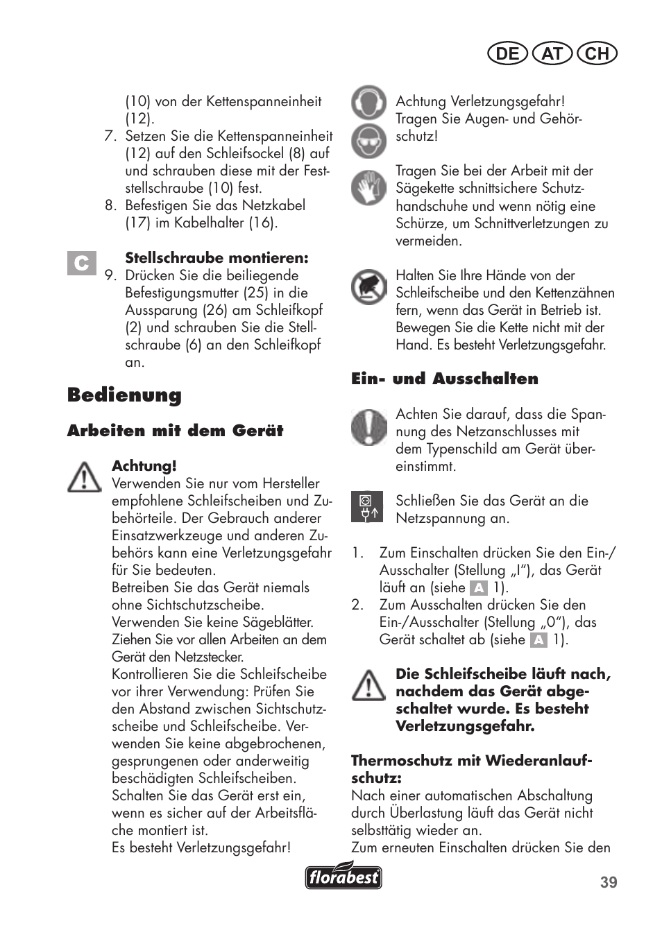 Bedienung, De at ch | Florabest FSG 85 B1 User Manual | Page 39 / 64