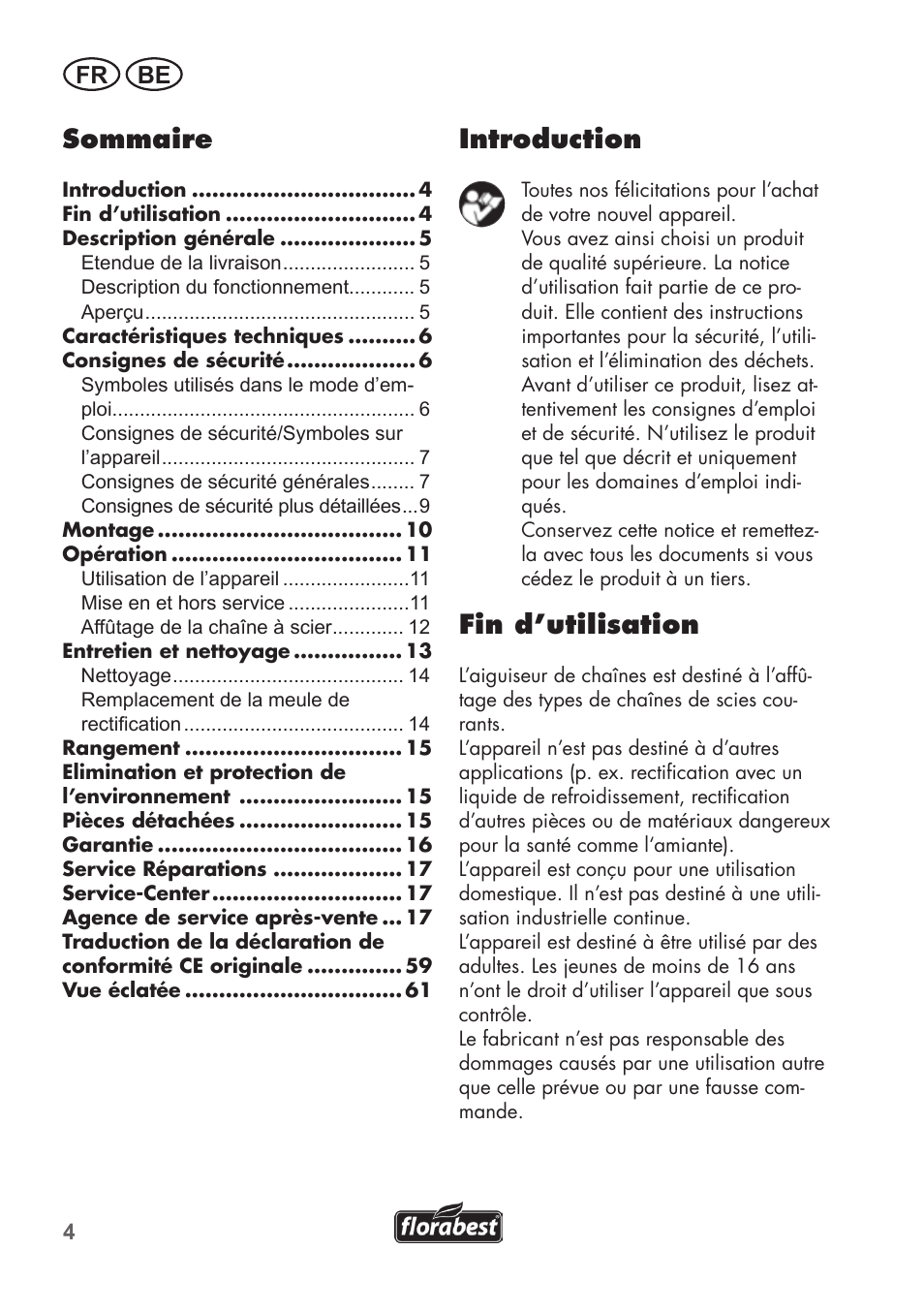 Introduction, Fin d’utilisation, Sommaire | Fr be | Florabest FSG 85 B1 User Manual | Page 4 / 64
