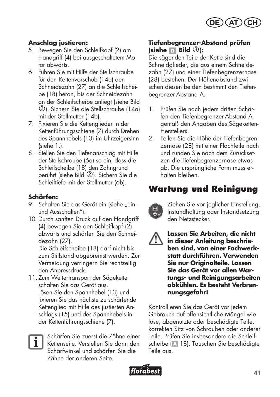 Wartung und reinigung, De at ch | Florabest FSG 85 B1 User Manual | Page 41 / 64