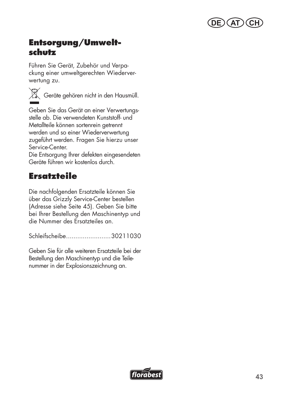 Entsorgung/umwelt- schutz, Ersatzteile, De at ch | Florabest FSG 85 B1 User Manual | Page 43 / 64