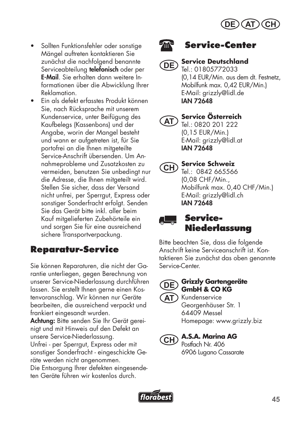 Reparatur-service, Service-center, Service- niederlassung | De at ch, De at at ch ch | Florabest FSG 85 B1 User Manual | Page 45 / 64