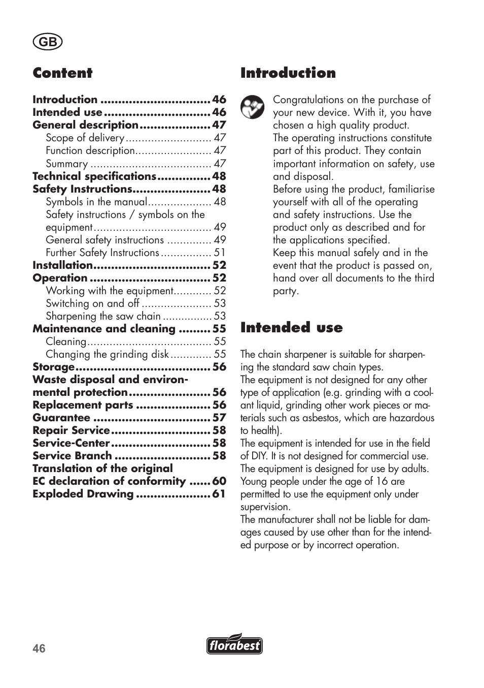 Introduction, Intended use, Content | Florabest FSG 85 B1 User Manual | Page 46 / 64