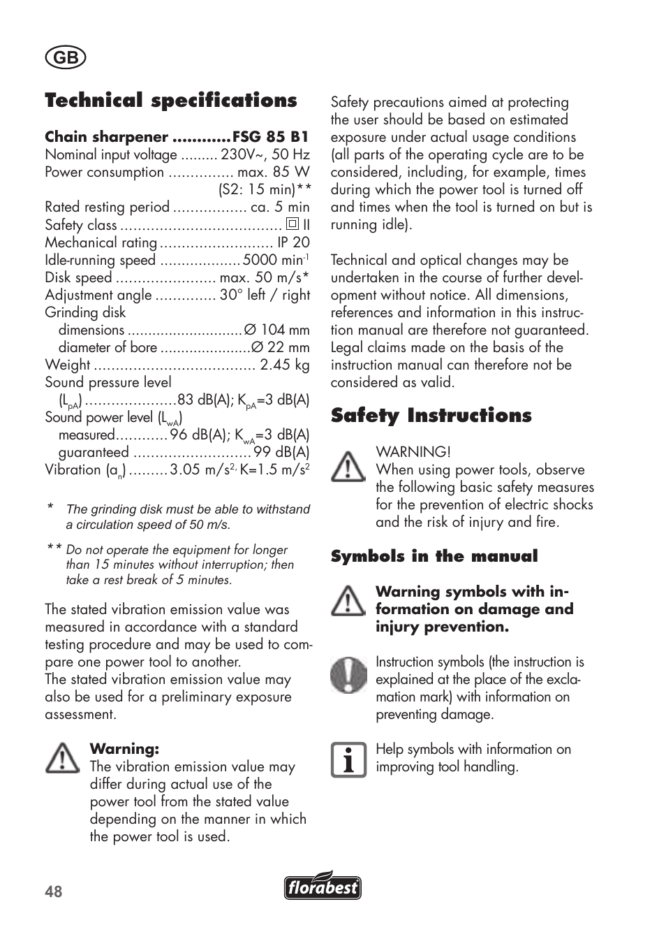 Technical specifications, Safety instructions | Florabest FSG 85 B1 User Manual | Page 48 / 64