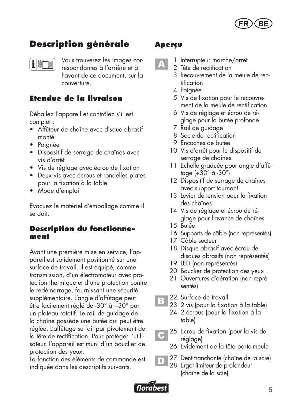 Description générale, Fr be | Florabest FSG 85 B1 User Manual | Page 5 / 64