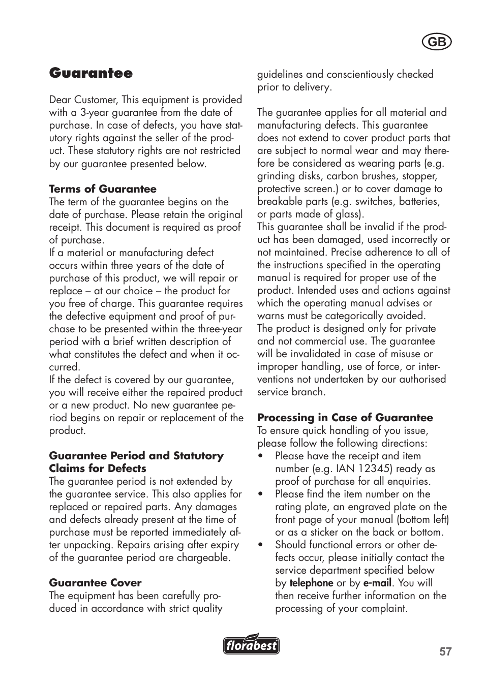 Guarantee | Florabest FSG 85 B1 User Manual | Page 57 / 64