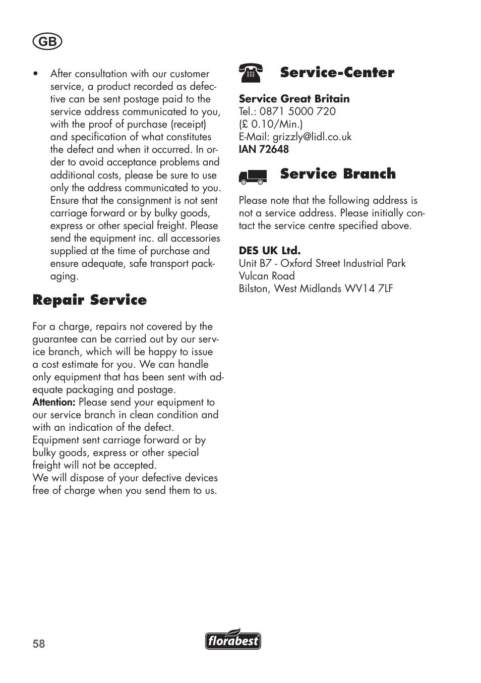 Repair service, Service-center, Service branch | Florabest FSG 85 B1 User Manual | Page 58 / 64
