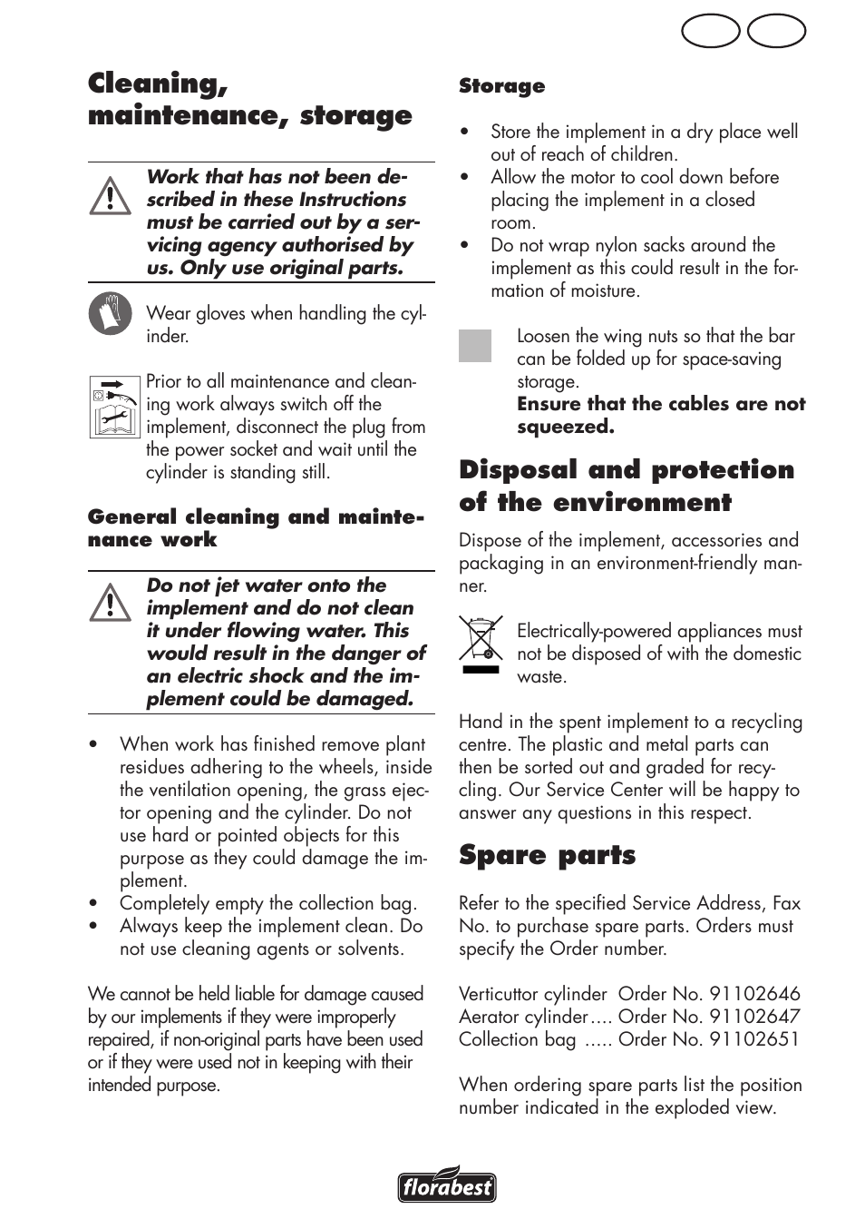 Cleaning, maintenance, storage, Spare parts, Ie gb | Disposal and protection of the environment | Florabest FLV 1200 A1 User Manual | Page 13 / 64