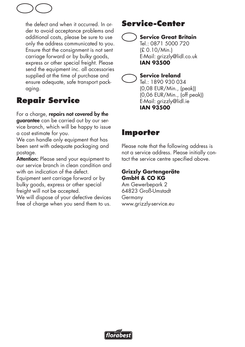Repair service, Service-center, Importer | Gb ie | Florabest FLV 1200 A1 User Manual | Page 16 / 64