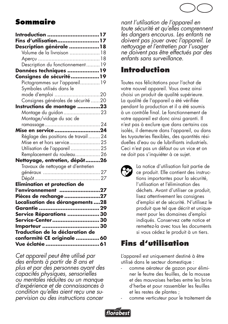 Sommaire, Introduction, Fins d‘utilisation | Be fr | Florabest FLV 1200 A1 User Manual | Page 17 / 64