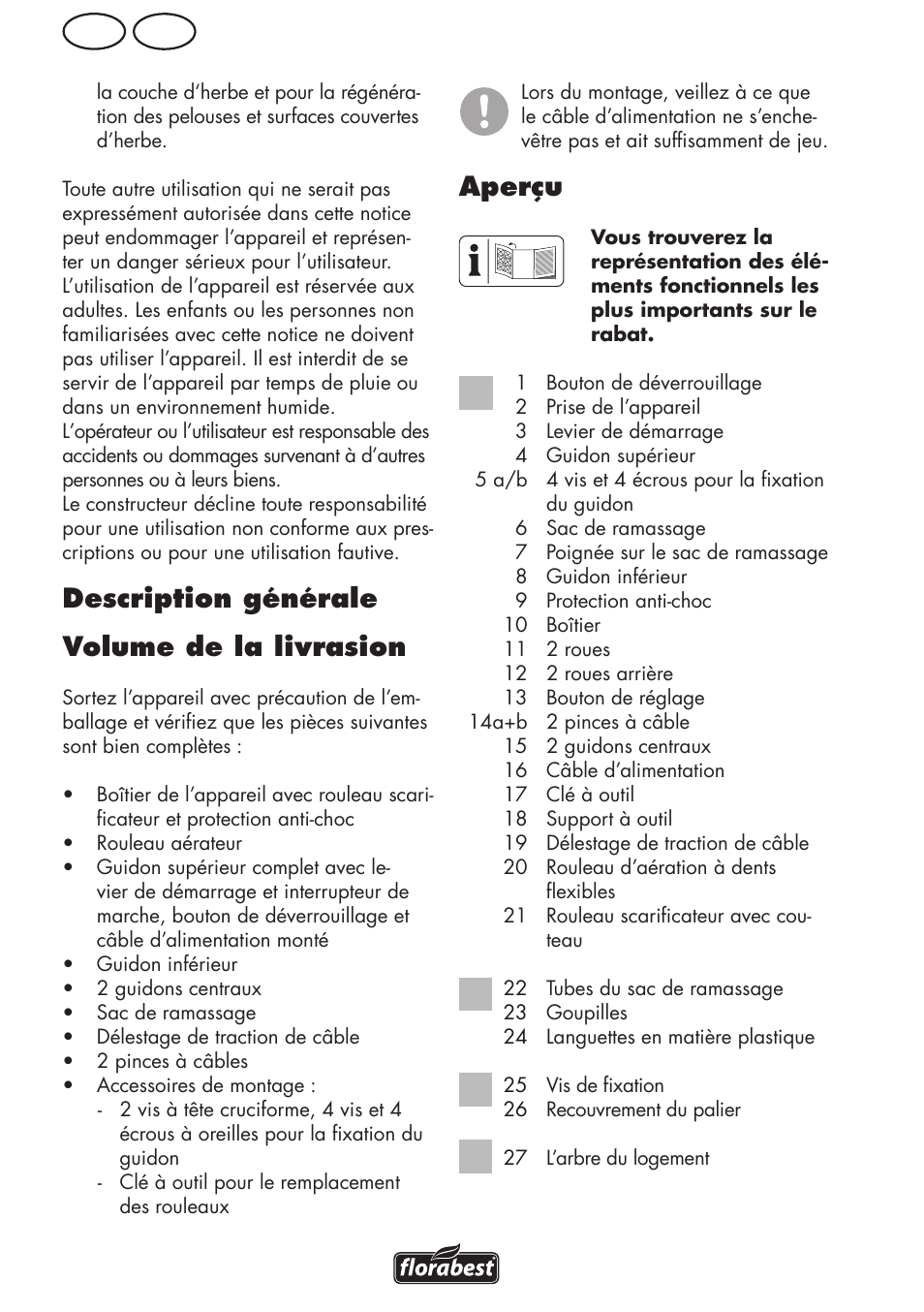 Be fr, Description générale volume de la livrasion, Aperçu | Florabest FLV 1200 A1 User Manual | Page 18 / 64
