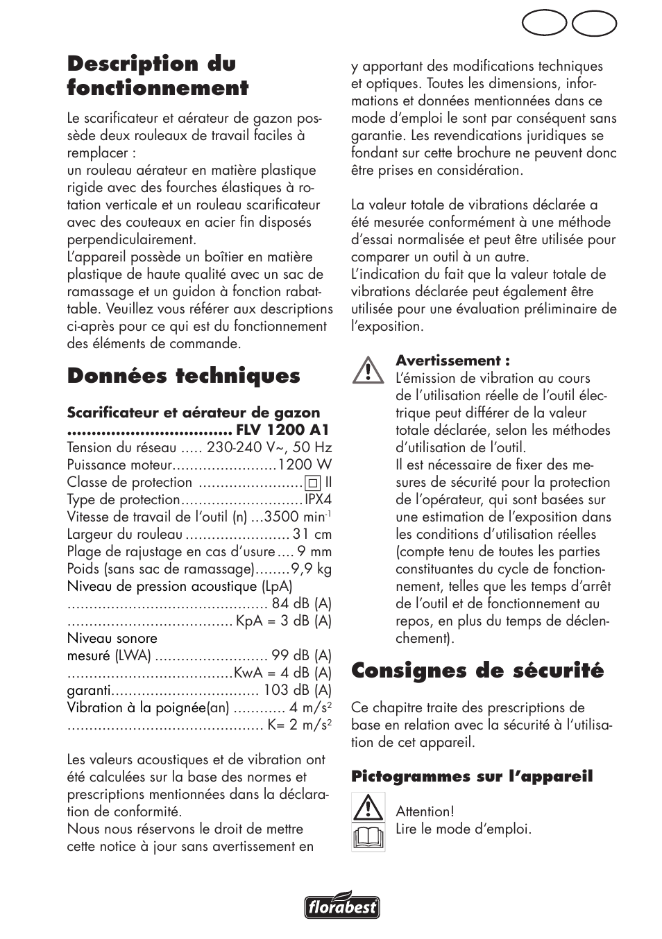 Description du fonctionnement, Données techniques, Consignes de sécurité | Be fr | Florabest FLV 1200 A1 User Manual | Page 19 / 64