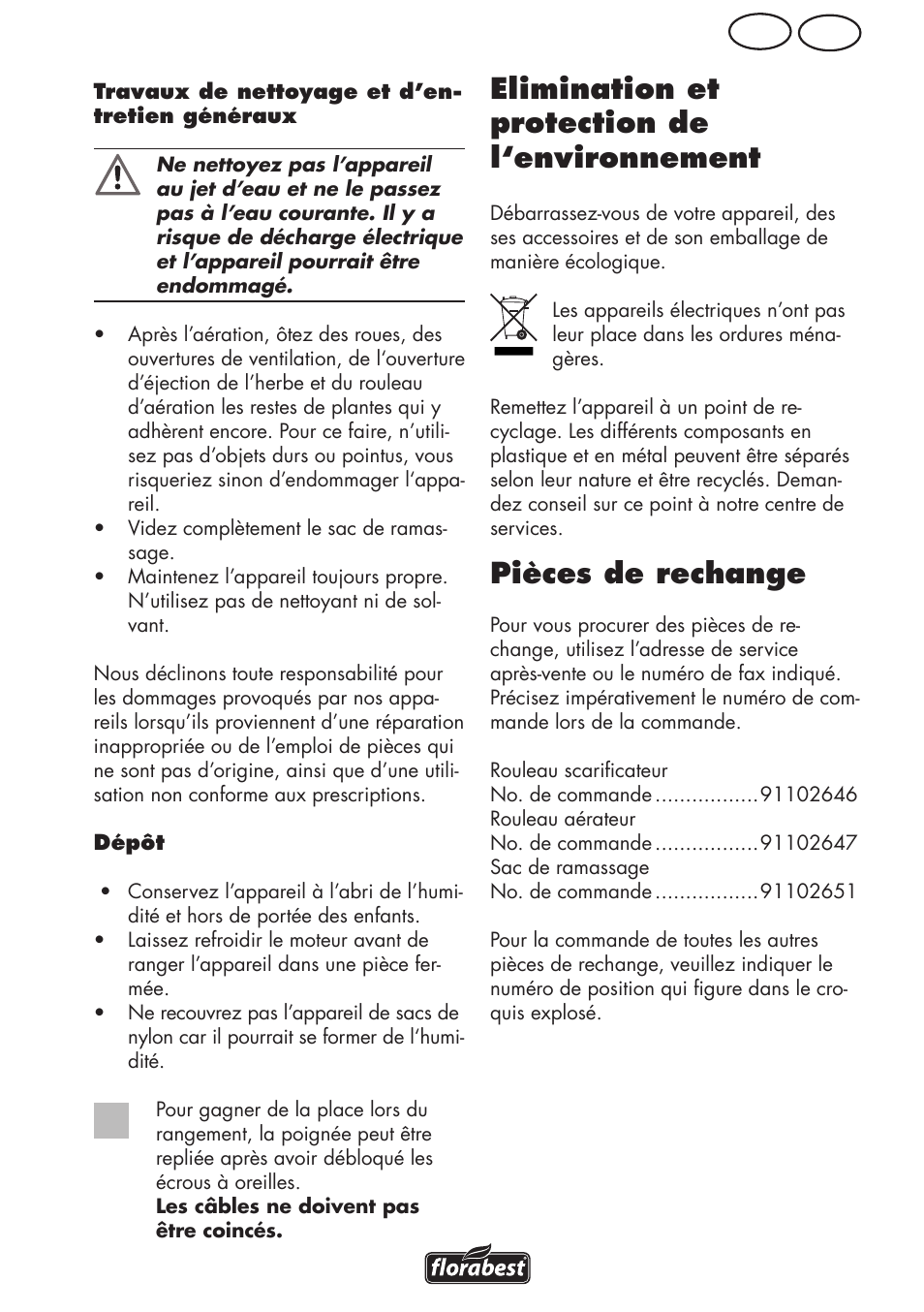 Elimination et protection de l‘environnement, Pièces de rechange, Be fr | Florabest FLV 1200 A1 User Manual | Page 27 / 64