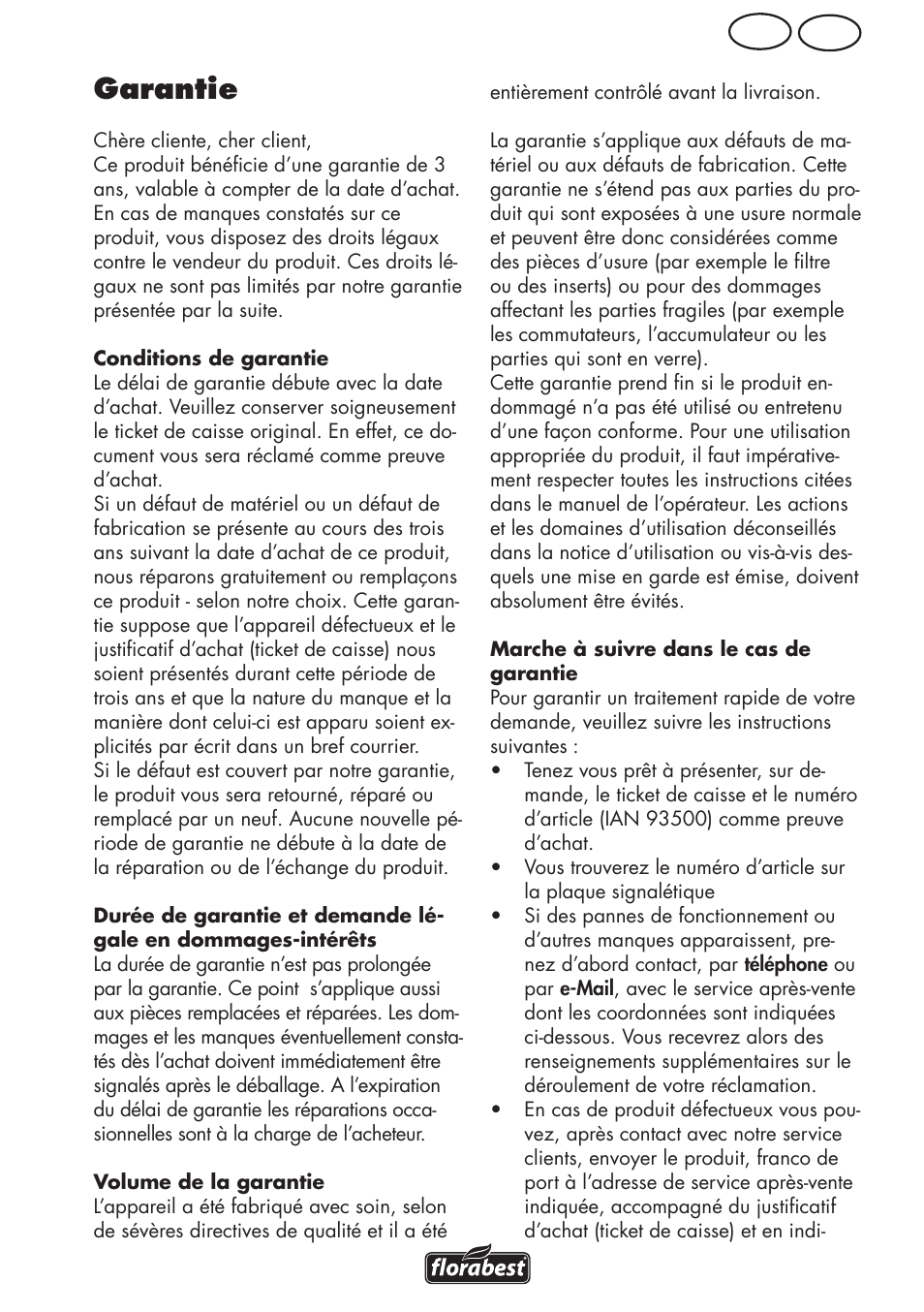 Garantie, Be fr | Florabest FLV 1200 A1 User Manual | Page 29 / 64