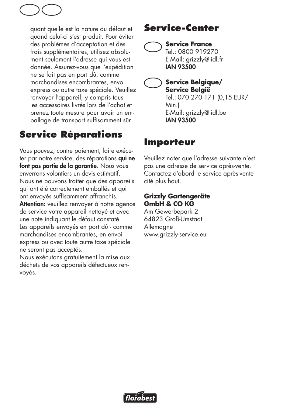 Service réparations, Service-center, Importeur | Be fr, Fr be | Florabest FLV 1200 A1 User Manual | Page 30 / 64