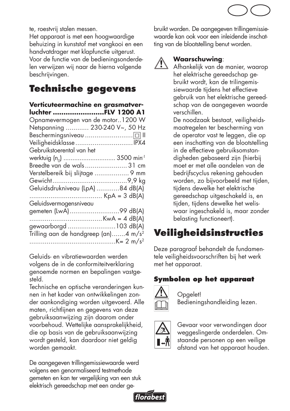Technische gegevens, Veiligheidsinstructies, Be nl | Florabest FLV 1200 A1 User Manual | Page 33 / 64