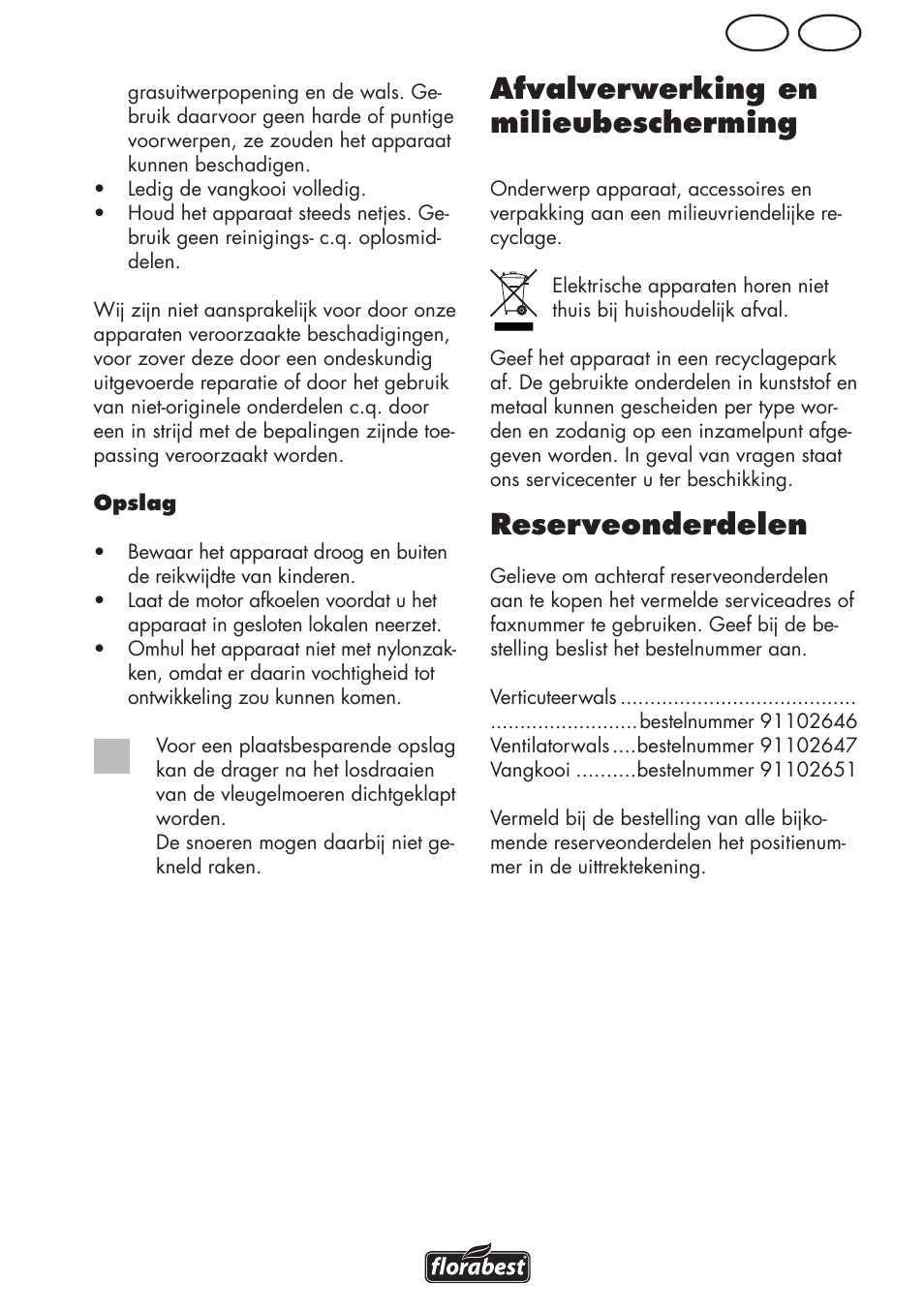 Afvalverwerking en milieubescherming, Reserveonderdelen, Be nl | Florabest FLV 1200 A1 User Manual | Page 41 / 64