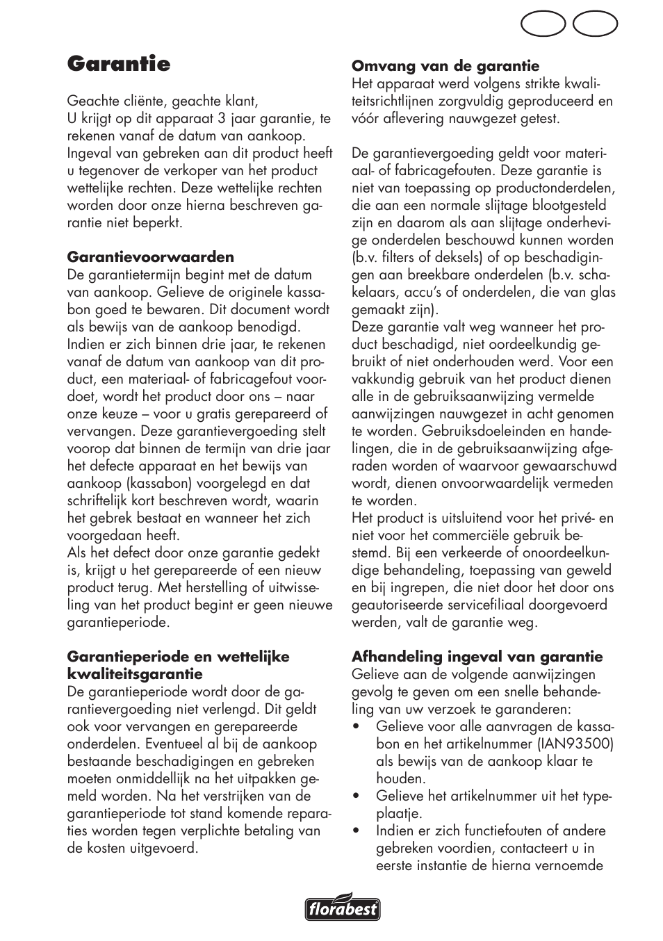 Garantie, Be nl | Florabest FLV 1200 A1 User Manual | Page 43 / 64