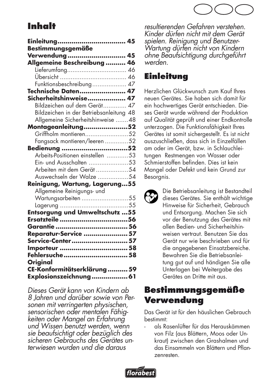 Inhalt, Bestimmungsgemäße verwendung, Ch at de | Einleitung | Florabest FLV 1200 A1 User Manual | Page 45 / 64