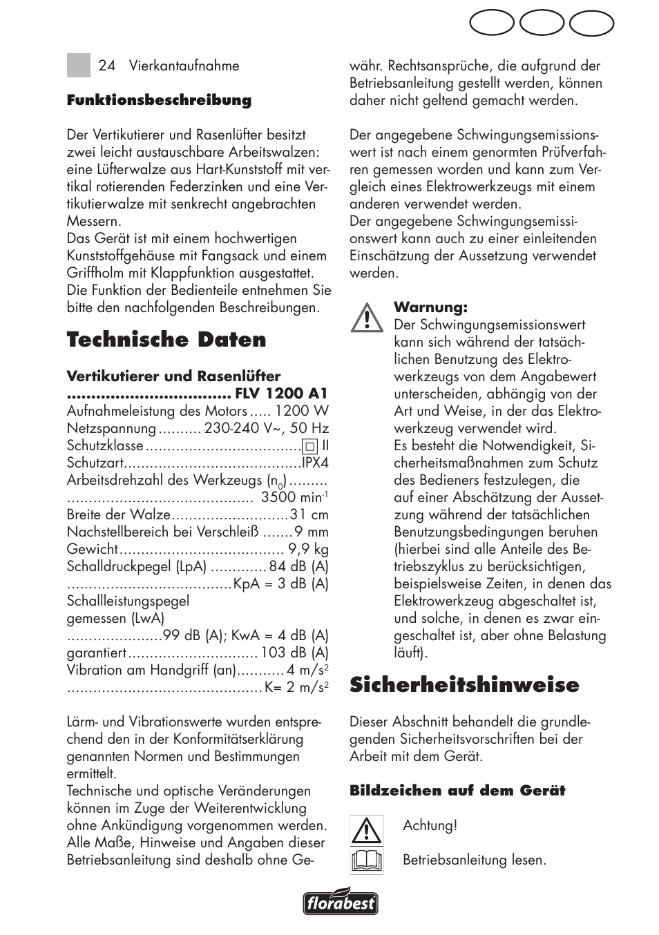 Technische daten, Sicherheitshinweise, Ch at de | Florabest FLV 1200 A1 User Manual | Page 47 / 64
