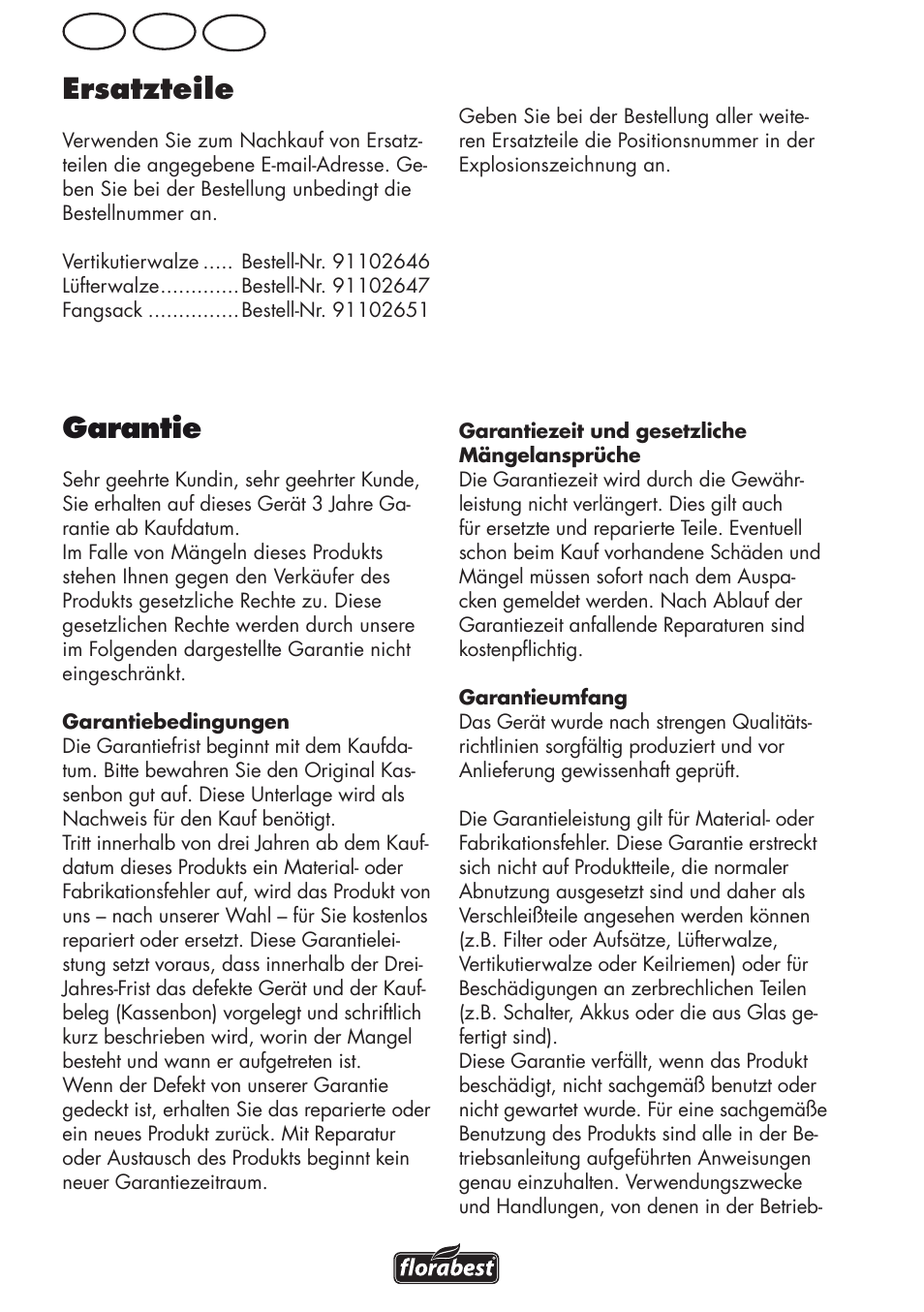 Ersatzteile, Garantie, Ch at de | Florabest FLV 1200 A1 User Manual | Page 56 / 64
