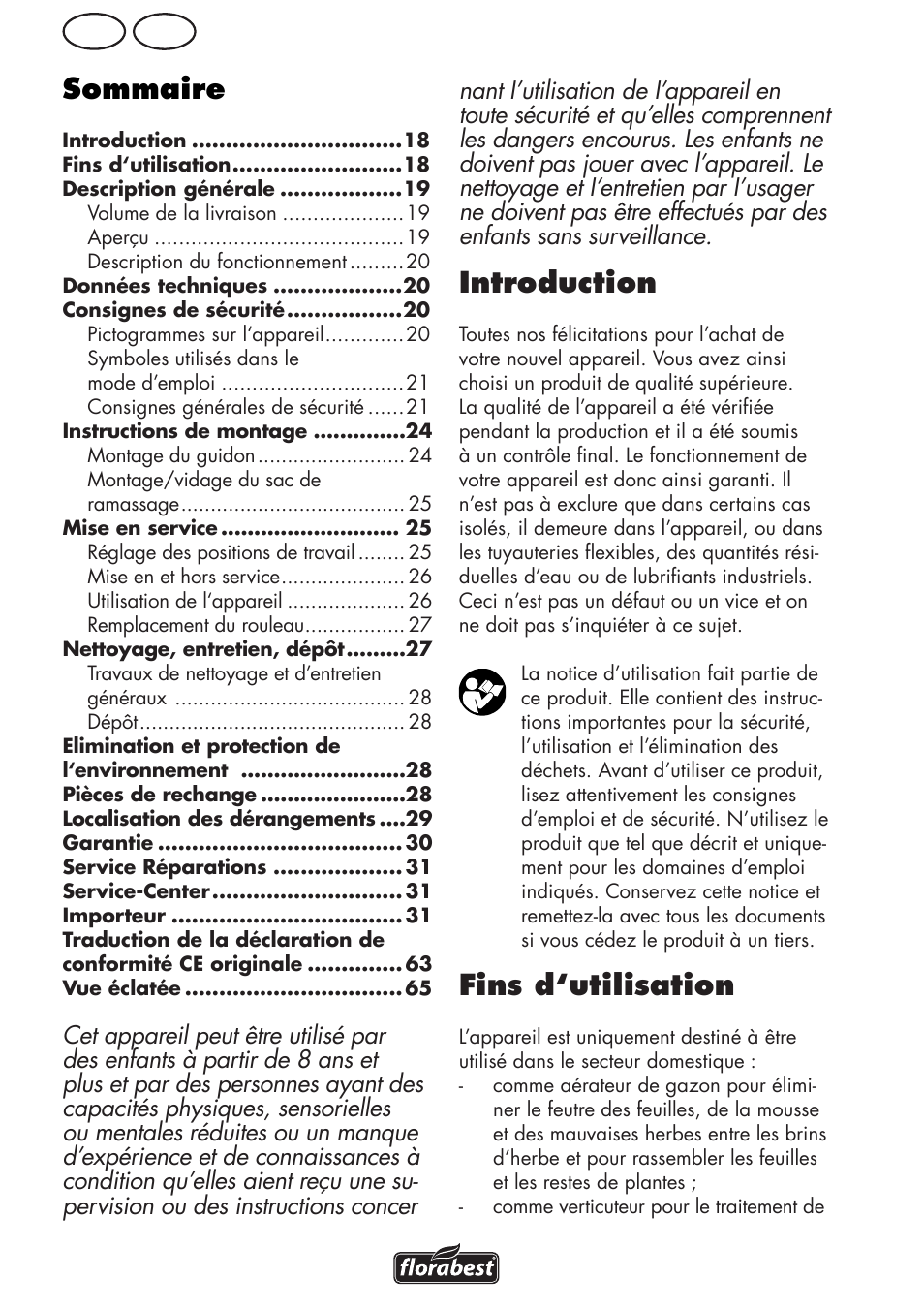 Sommaire, Introduction, Fins d‘utilisation | Ch fr | Florabest FLV 1200 A1 User Manual | Page 18 / 68