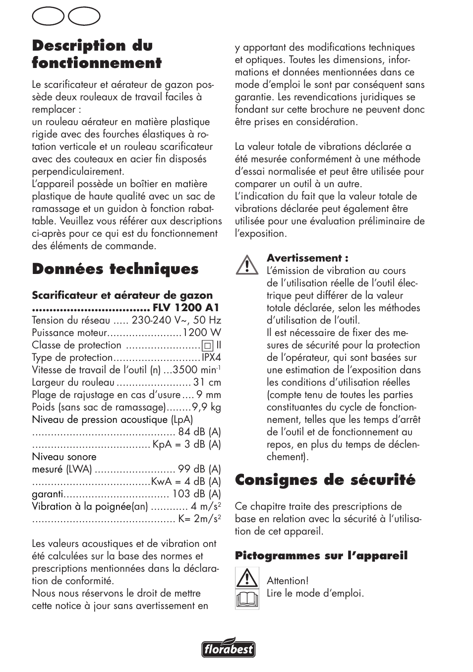 Description du fonctionnement, Données techniques, Consignes de sécurité | Ch fr | Florabest FLV 1200 A1 User Manual | Page 20 / 68