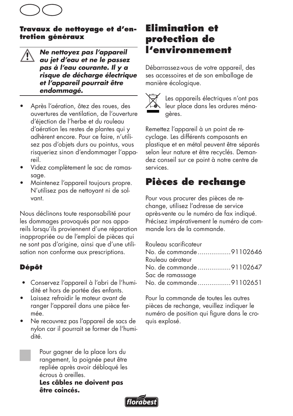 Elimination et protection de l‘environnement, Pièces de rechange, Ch fr | Florabest FLV 1200 A1 User Manual | Page 28 / 68