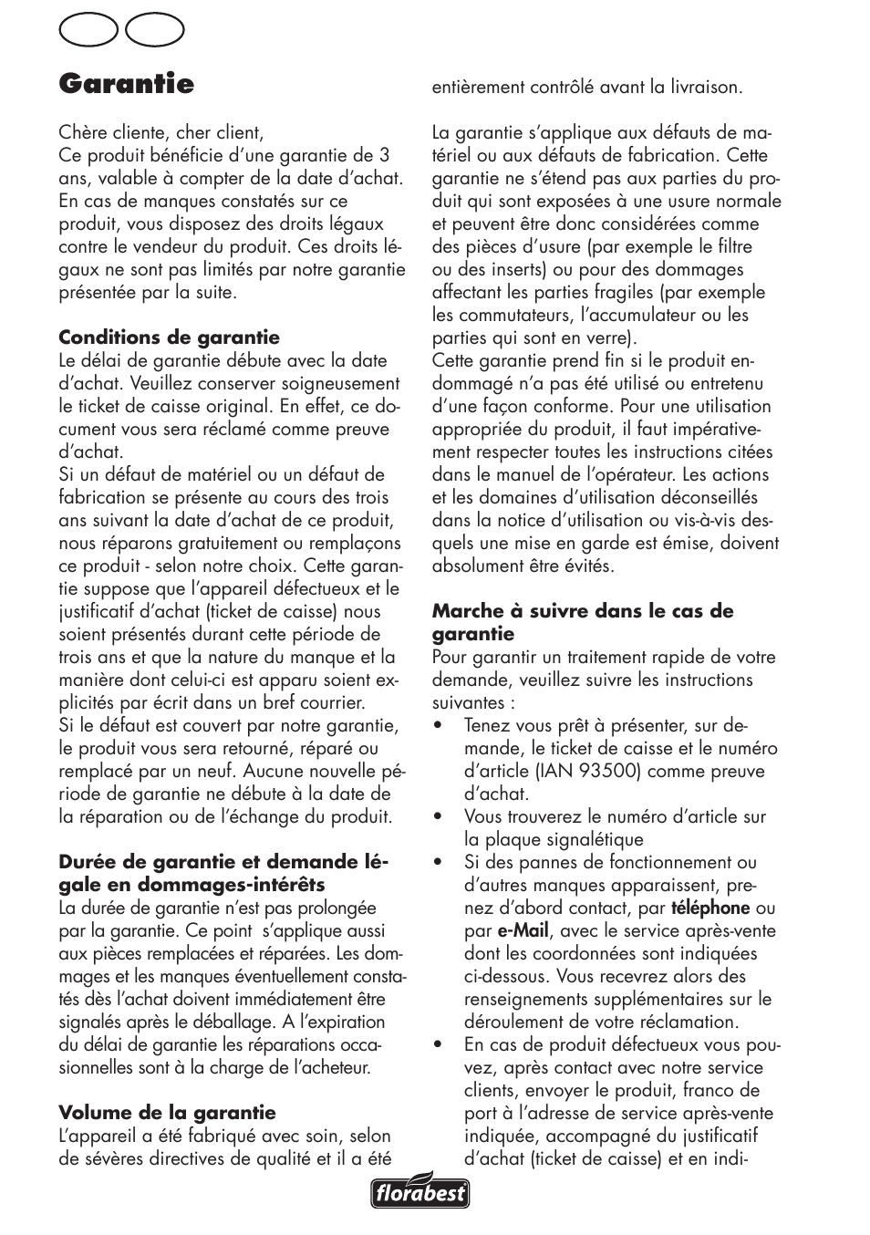 Garantie, Ch fr | Florabest FLV 1200 A1 User Manual | Page 30 / 68