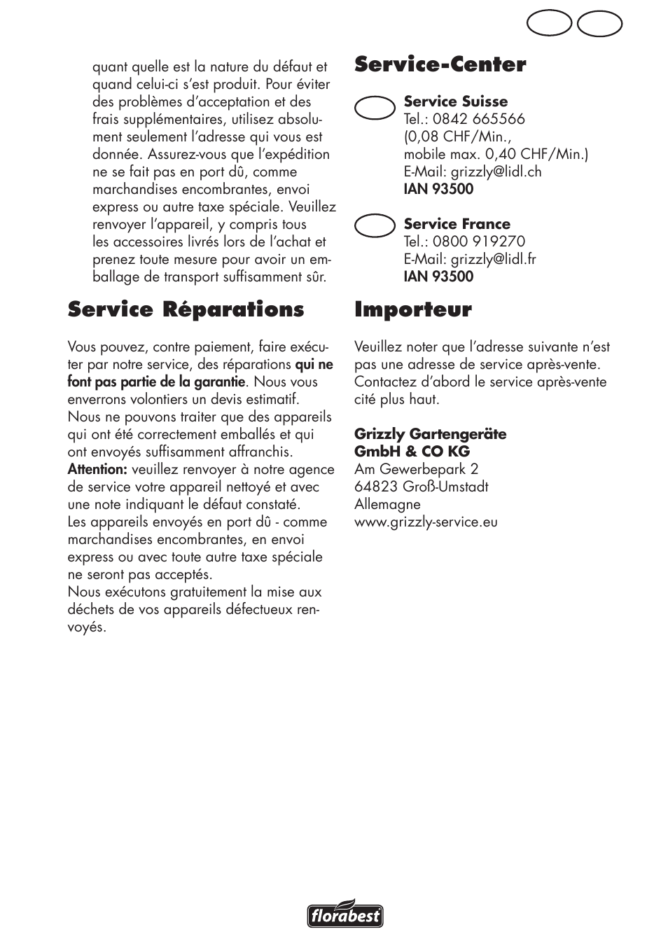 Service réparations, Service-center, Importeur | Ch fr | Florabest FLV 1200 A1 User Manual | Page 31 / 68