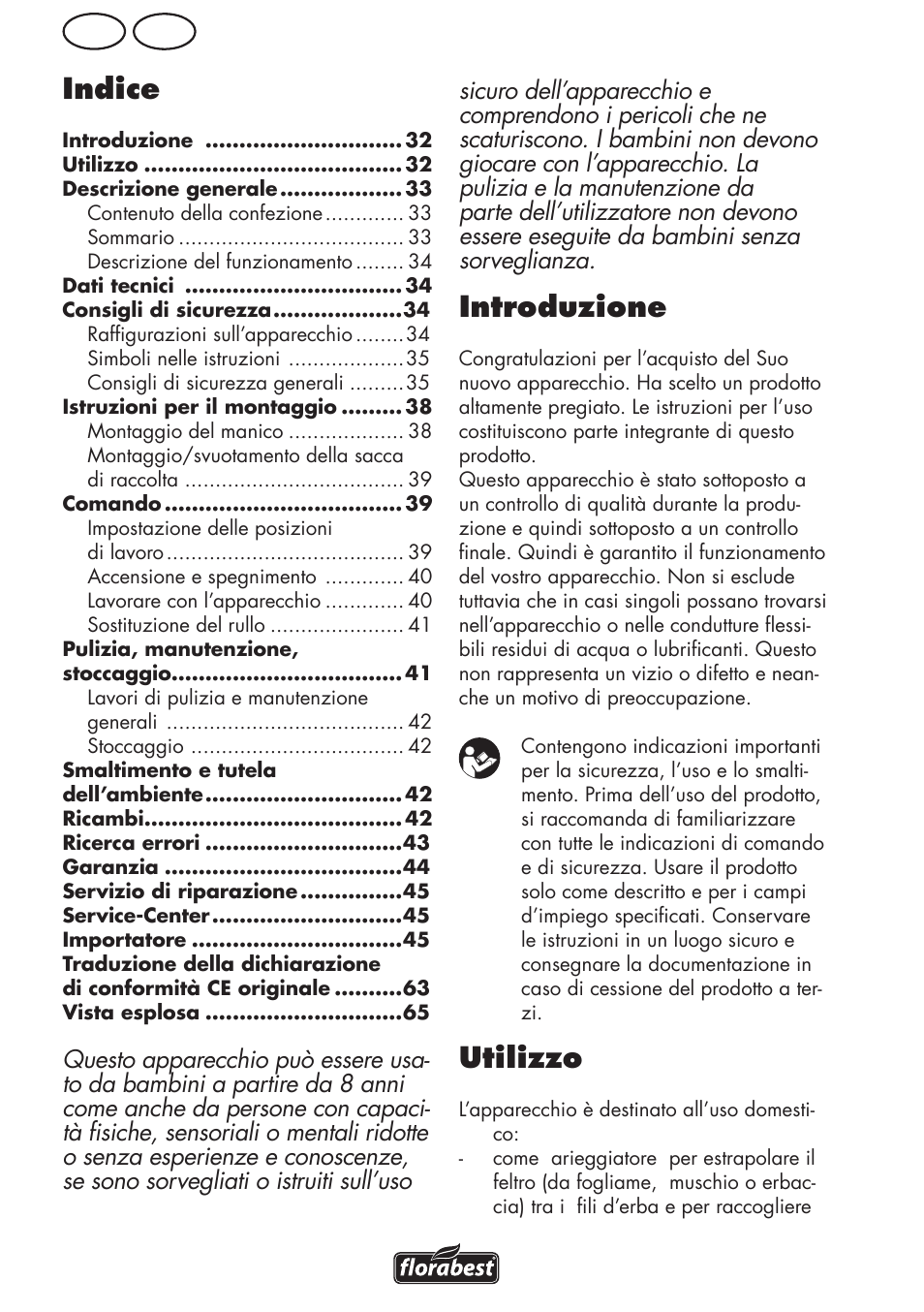 Indice, Introduzione, Utilizzo | Ch it | Florabest FLV 1200 A1 User Manual | Page 32 / 68