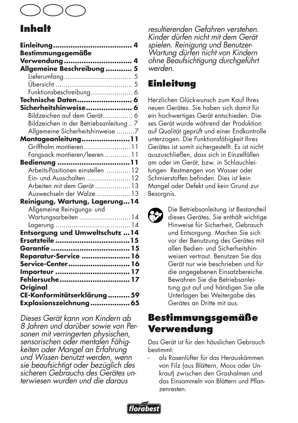 Inhalt, Bestimmungsgemäße verwendung, Ch at de | Einleitung | Florabest FLV 1200 A1 User Manual | Page 4 / 68