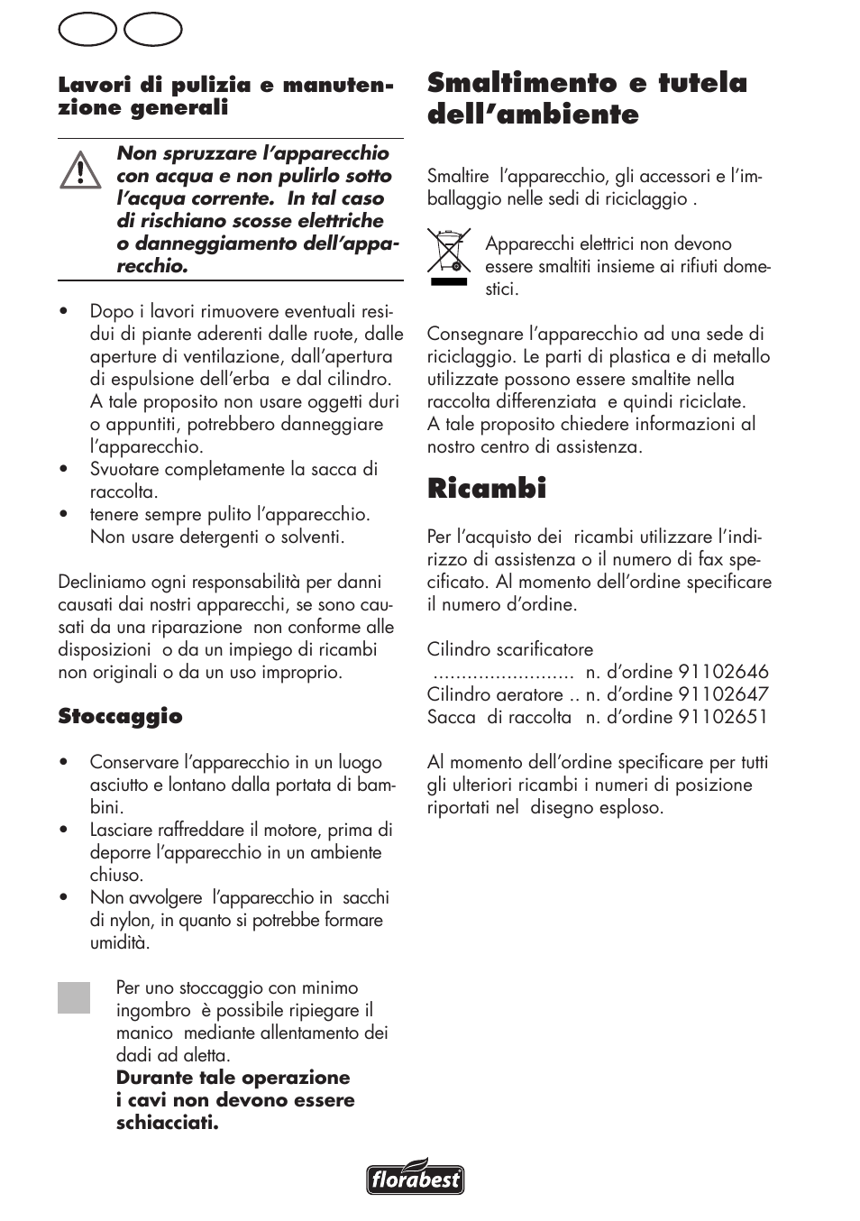Smaltimento e tutela dell’ambiente, Ricambi, Ch it | Florabest FLV 1200 A1 User Manual | Page 42 / 68